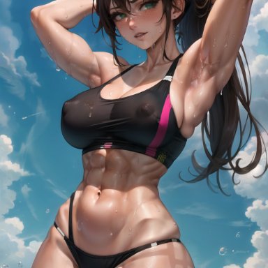 original character, demai, stable diffusion, 1girls, armpits, breasts, brown hair, clothed female, clouds, cowboy shot, erect nipples under clothes, freckles, green eyes, gym clothes, hair between eyes