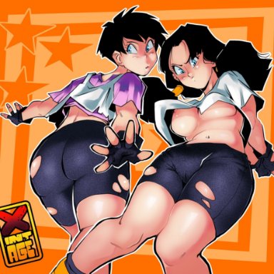 dragon ball, dragon ball z, videl, x1ntage, 2girls, ass, big ass, big breasts, big butt, black hair, blue eyes, eyebrows, eyelashes, fat ass, female