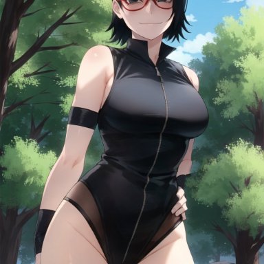 boruto: naruto next generations, naruto, naruto (series), sarada uchiha, osyasenpai, stable diffusion, 1girls, black eyes, black hair, female, female only, glasses, headband, ninja, outdoors