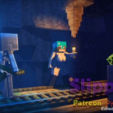 minecraft, jenny belle, slipperyt, big breasts, blue eyes, cum, cum in pussy, cum inflation, cum inside, pleasure face, spread legs, thighhighs, vaginal penetration, animated, music