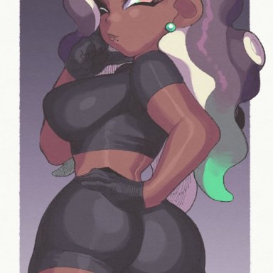 splatoon, splatoon 2, marina (splatoon), inkuusan, ass focus, black clothing, bubble butt, clothed, crop top, dark skin, female, lipstick, monkey, shorts, solo