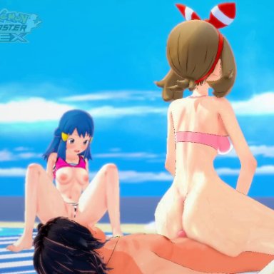 koikatsu, nintendo, pokemon, pokemon masters, pokemon masters ex, dawn (pokemon), may (pokemon), maya (pok&#233;mon), pokemastersex, 1boy, 2girls, ass, aura (pok&#233;mon), barefoot, beach