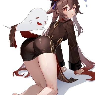 genshin impact, hu tao (genshin impact), all fours, ass, barefoot, black headwear, black shorts, blush, brown hair, embarrassed, feet, female, flower, flower-shaped pupils, from behind