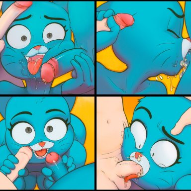 cartoon network, the amazing world of gumball, chi chi, gumball watterson, nicole watterson, drockdraw, 4-panel, age difference, anthro, balls, balls on face, bodily fluids, bovid, caprine, close-up