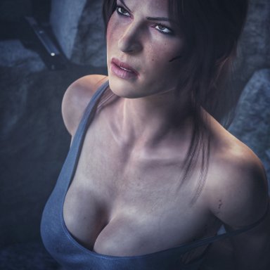 tomb raider, tomb raider (survivor), lara croft, lara croft (survivor), tishar, 1girls, angry, big breasts, bound, bound wrists, breasts, brown eyes, brown hair, cleavage, clothed