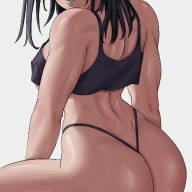 my hero academia, nana shimura, shadertoons, 1girls, ass, back, black hair, blue eyes, crop top, feet, female only, huge ass, kneeling, looking at viewer, looking back