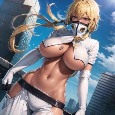 bleach, tia harribel, stable diffusion, blonde hair, curvy body, curvy female, curvy figure, female, female focus, female only, huge breasts, solo female, underboob, ai generated