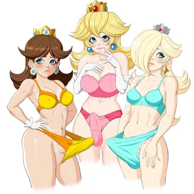 mario (series), princess daisy, princess peach, princess rosalina, luenartt, 3futas, balls, big penis, blonde hair, bra, breasts, brown hair, clothed, clothing, crown