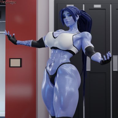 blizzard entertainment, overwatch, overwatch 2, amelie lacroix, widowmaker, vonsvaigen, 1girls, abs, ass, big ass, big breasts, black fingerless gloves, black fingernails, black nails, black thong