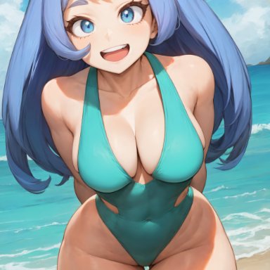 my hero academia, nejire hado, amiral ai, 1girls, blue eyes, blue hair, breasts, cute, female, hips, huge breasts, light-skinned female, light skin, long hair, smile