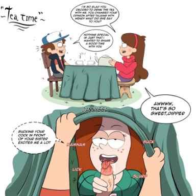 gravity falls, dipper pines, mabel pines, wendy corduroy, 1boy, 2girls, fellatio, older female, older woman and younger boy, secret, sister, sucking, under the table, younger male, english text