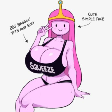 adventure time, princess bubblegum, squidapple, big breasts, breasts, crown, female, female only, long hair, mob face, peace sign, pink hair, pink skin, sitting, solo