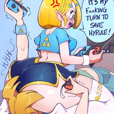 nintendo, nintendo switch, tears of the kingdom, the legend of zelda, link, link (tears of the kingdom), princess zelda, zelda (tears of the kingdom), fullmontis, angry, big ass, blonde hair, blue shirt, booty shorts, face in ass
