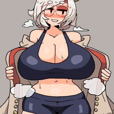 purah, notnoe (artist), 1girls, big breasts, blush, cleavage, clothed female, coat removed, glasses, light-skinned female, steam, sweat, tank top, white hair, tagme