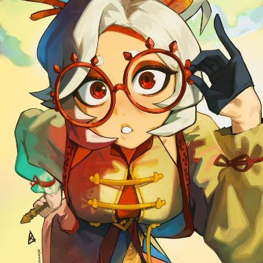 tears of the kingdom, the legend of zelda, purah, sheikah, aurahack, glasses, gloves, goggles on forehead, honkin pair, large breasts, looking at viewer