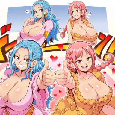 one piece, nefertari vivi, rebecca (one piece), bocodamondo, lewdamone, big breasts, breasts, cleavage, dress, huge breasts, thumbs up