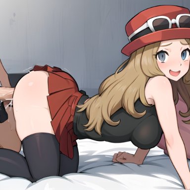 pokemon, pokemon xy, serena (pokemon), serena (pokemon games), 1boy, 1girls, ass, bed, big penis, clothed sex, doggy style, female, grey eyes, hat, long hair