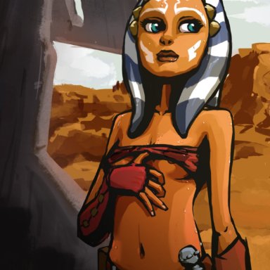 star wars, star wars: the clone wars, ahsoka tano, tourbillon, aqua eyes, belt, energy sword, female, flat chest, grey sky, lightsaber, lips, navel, nipples, red belt