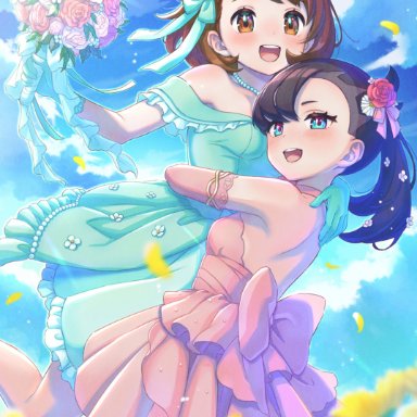 nintendo, pokemon, pokemon ss, gloria (pokemon), marnie (pokemon), n2ewu, 2girls, black hair, blue dress, bouquet, breasts, bride, brown eyes, brown hair, choker