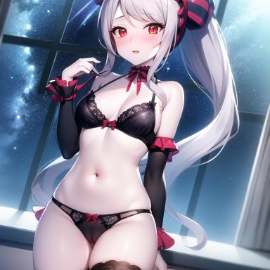 overlord (maruyama), shalltear bloodfallen, stable diffusion, blush, bow, bra, lingerie, panties, red eyes, silver hair, stockings, vampire, ai generated
