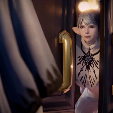 final fantasy, final fantasy xiv, ameliance leveilleur, avatar (ff14), elezen, forchenault leveilleur, hyur, initial a, 1girls, 2boys, behind door, bowtie, cheating, cheating wife, doggy style