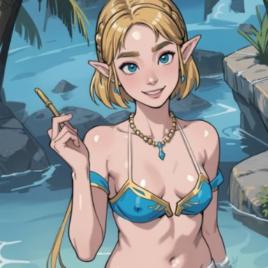 tears of the kingdom, the legend of zelda, princess zelda, zelda (breath of the wild), zelda (tears of the kingdom), stable diffusion, bathing, blonde hair, blue eyes, nipples visible through clothing, ai generated