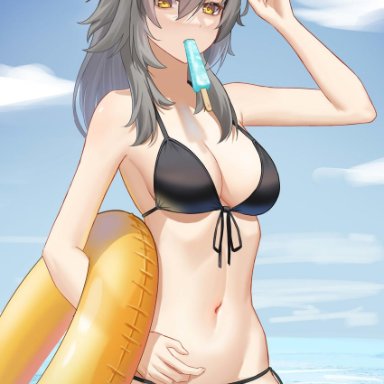 honkai: star rail, honkai (series), stelle (honkai: star rail), arm up, bare arms, bare shoulders, bikini, black-framed eyewear, black bikini, blue sky, breasts, cleavage, cloud, collarbone, day