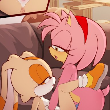 sonic x, amy rose, cream the rabbit, gr (artist), 2girls, age difference, cub, dildo in pussy, double dildo, lesbian sex, yuri