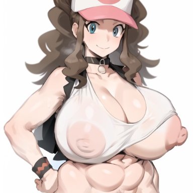 game freak, nintendo, pokemon, pokemon bw, hilda (pokemon), kunaboto, 1girls, abs, armpit hair, bare shoulders, baseball cap, big breasts, blue eyes, bottomless, breasts