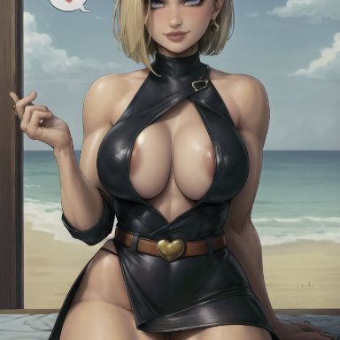 dragon ball z, android 18, schneed64, stable diffusion, 1girls, blonde hair, curvaceous, curvy female, curvy figure, erect nipples, female focus, huge breasts, nipple bulge, pink nipples, short hair