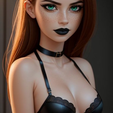 kim possible, kimberly ann possible, pin3d, stable diffusion, bra, crop top, emo, fit female, freckles, goth, goth girl, jeans, red hair, skinny, slim