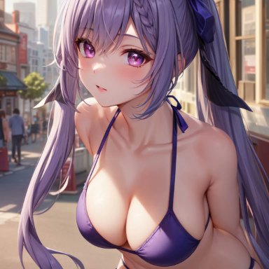 genshin impact, keqing (genshin impact), camellia aj art, nai diffusion, stable diffusion, bikini, breasts, busty, cleavage, female, large breasts, outside, purple eyes, purple hair, swimwear