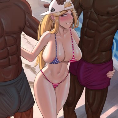 original, original character, melondraws, 1girls, 2boys, american flag bikini, beach, bikini, blonde hair, breasts, bulge, dark-skinned male, dark skin, female, hat