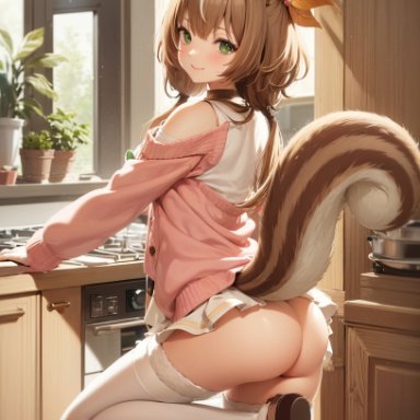 hololive, hololive indonesia, ayunda risu, katakage, stable diffusion, ass, ass focus, from side, kitchen, no panties, standing, updress, ai generated