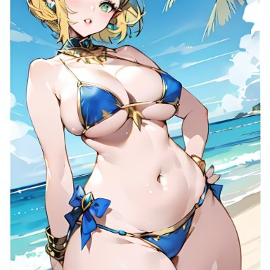 breath of the wild, nintendo, tears of the kingdom, the legend of zelda, princess zelda, zelda (tears of the kingdom), suicidespit, belly, belly button, bikini, blonde hair, blush, breasts, cleavage, elf ears