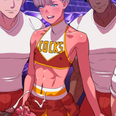 tekuho, 5boys, blonde hair, blue eyes, cheerleader, cheerleader uniform, cum, cum on penis, cum on skirt, dark skin, femboy, handjob, masturbation, tracy (tekuho), yaoi