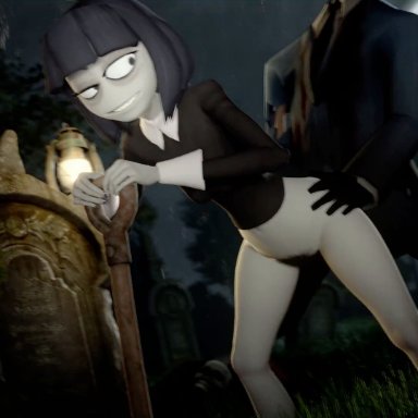 team fortress 2, the oblongs, creepy susie, spy (team fortress 2), xentho, 1boy, 1girls, after ritual, all night, arm support, audible creampie, bangs, bare legs, bare thighs, black hair