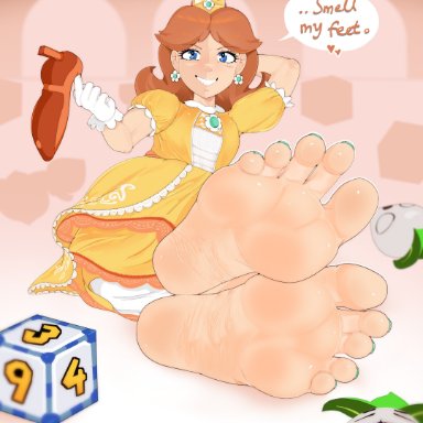 mario (series), mario party, nintendo, princess daisy, supahfiyah, 1girls, arms up, barefoot, blue eyes, brown hair, crown, dice, dress, earrings, feet