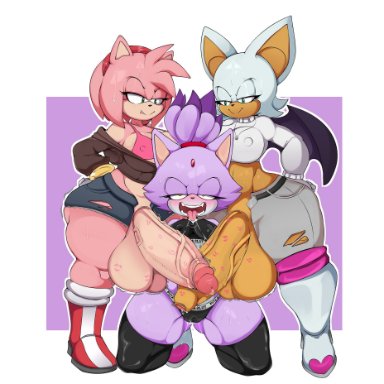 sonic (series), amy rose, blaze the cat, rouge the bat, ichi nsfw, 1girls, 2futas, anthro, fellatio, foreskin, furry, futanari, huge balls, huge cock, kiss mark