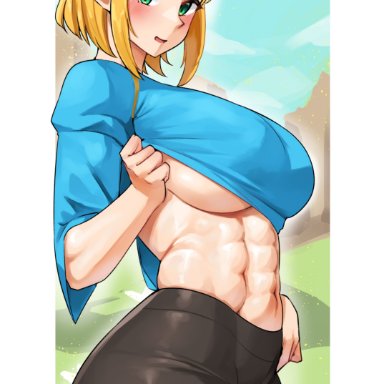 nintendo, tears of the kingdom, the legend of zelda, princess zelda, zelda (tears of the kingdom), cromwellb, 1girls, abs, blonde hair, breasts, female, green eyes, huge breasts, light-skinned female, light skin