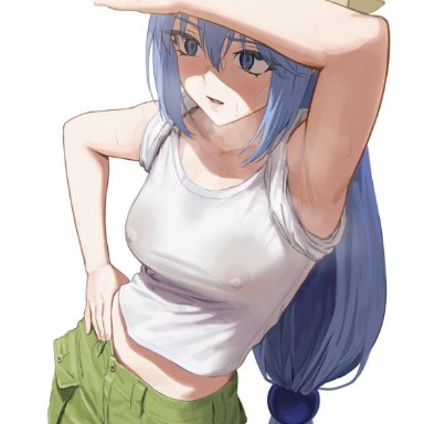 aqua (konosuba), carlo montie, 1girls, accidental exposure, aqua eyes, aqua hair, areolae, armpit, blush, cargo pants, female, female only, hand on forehead, hand on waist, heavy breathing