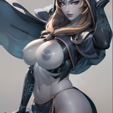 nintendo, the legend of zelda, midna, twili midna, stable diffusion, 1girls, bare hips, bare legs, breasts out, front ponytail, glowing tattoo, green skin, grey body, half naked, hood