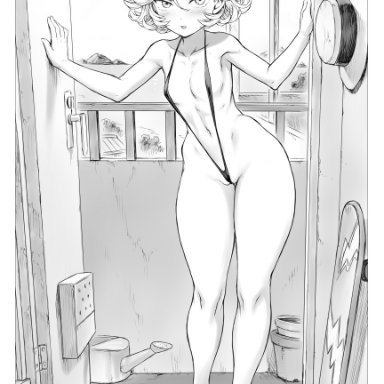 one-punch man, tatsumaki, mogudan, 1girls, ass, breasts, cameltoe, curly hair, doorway, female, hairless pussy, high heels, lingerie, looking at viewer, micro bikini