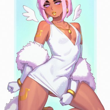 anhel (loggus doggus), rizdraws, 1boy, angel, angel wings, arm gloves, black eyebrows, blush, bracelets, dress, earrings, erection, erection under clothes, femboy, girly