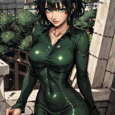 one-punch man, fubuki (one-punch man), stable diffusion, tiaoppai, big breasts, female focus, female only, green hair, huge breasts, looking at viewer, short hair, solo female, solo focus, voluptuous, voluptuous female