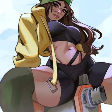 riot games, valorant, killjoy (valorant), vile jp, beanie, black hair, glasses, gun, jacket, looking down, riding, shorts, smile, spread legs, stockings