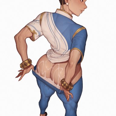 street fighter, street fighter 6, chun-li, asura (asurauser), ass, brown hair, chinese clothes, clothes lift, clothes pull, clothing aside, cum, cum in clothes, cum on ass, cum wearing, double bun