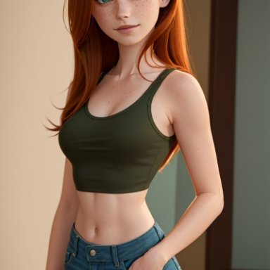 kim possible, kimberly ann possible, pin3d, stable diffusion, crop top, fit female, freckles, jeans, red hair, skinny, slim, small breasts, ai generated, tagme