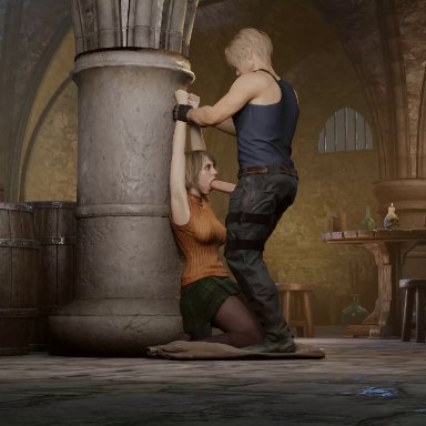 resident evil, resident evil 4, resident evil 4 remake, ashley graham, ashley graham (ella freya), leon scott kennedy, cottontailva, lm19, against wall, arms above head, big breasts, blonde female, blonde hair, blonde male, blowjob