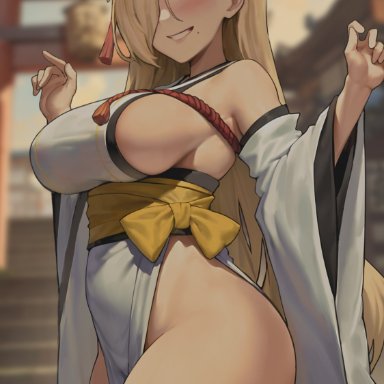 blue archive, kaho (blue archive), shexyo, 1girls, big breasts, blonde hair, breasts, female, fox girl, kitsune, long hair, shrine maiden, sideboob, smile, thick thighs